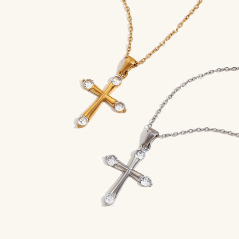 Minimalist Jewelry Cross Pendant Necklace – Zircon 18K Gold Plated Stainless Steel Necklace