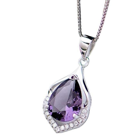 Elegant Purple Teardrop Crystal Necklace – Dainty Zircon Pendant for Women & Girls