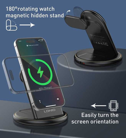 LDNIO WL02 15W Fast Charging Station - 3-in-1 Wireless Phone Charger for iPhone 15/14/13 Pro Max with Multifunctional Holder
