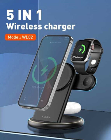 LDNIO WL02 15W Fast Charging Station - 3-in-1 Wireless Phone Charger for iPhone 15/14/13 Pro Max with Multifunctional Holder