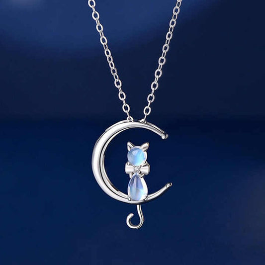 Dainty Moon & Cat Crystal Pendant Necklace – Waterproof & Elegant Fashion Jewelry