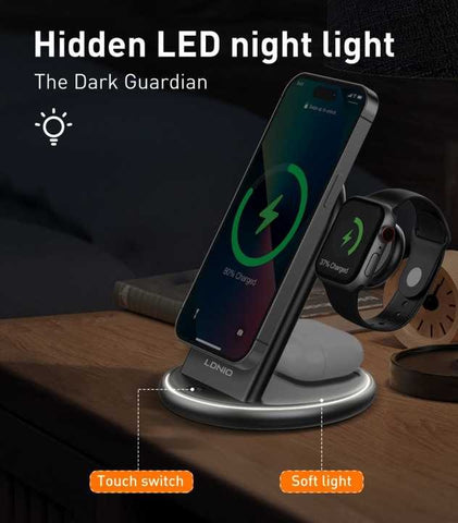 LDNIO WL02 15W Fast Charging Station - 3-in-1 Wireless Phone Charger for iPhone 15/14/13 Pro Max with Multifunctional Holder