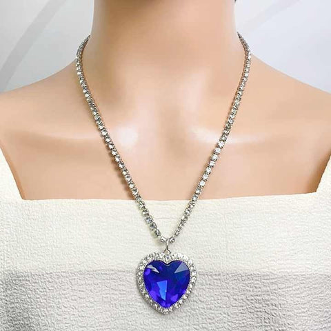 Ocean Blue Crystal Heart Pendant Necklace - Full Rhinestone & Love Forever Jewelry