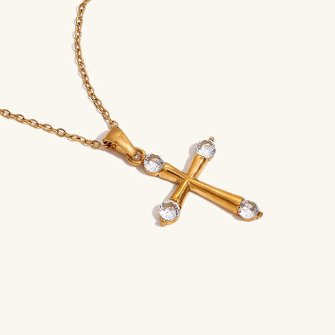 Minimalist Jewelry Cross Pendant Necklace – Zircon 18K Gold Plated Stainless Steel Necklace