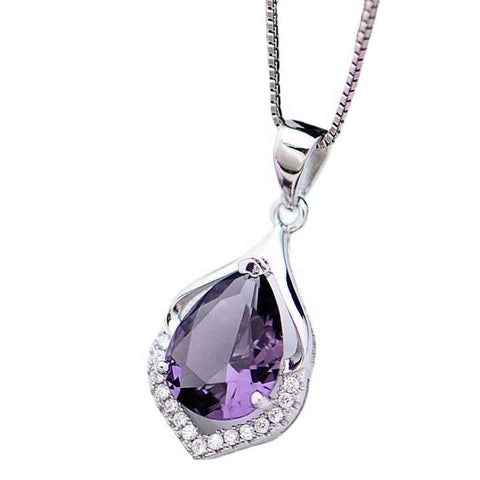 Elegant Purple Teardrop Crystal Necklace – Dainty Zircon Pendant for Women & Girls