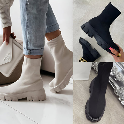 Beige Chunky Sock Ankle Boots – Stretch Knit Booties with Thick Sole