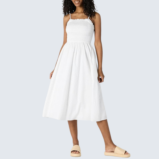 Womens Cotton Smocked Bodice Midi Dress