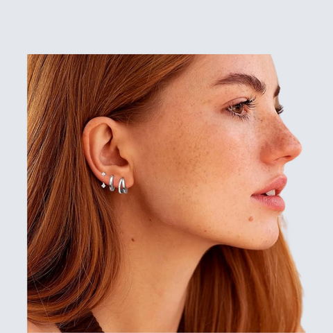 3 Pairs Silver Stud and Hoop Earrings Set