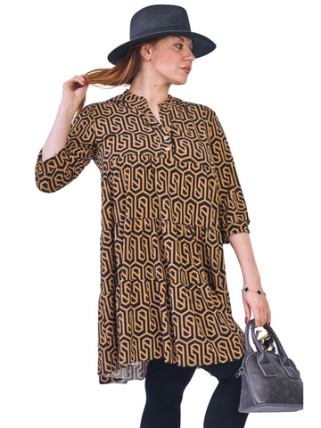 Multi Print V-Neckline With Button Dress