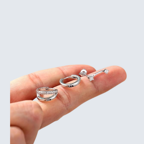 3 Pairs Silver Stud and Hoop Earrings Set