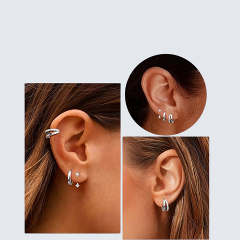 3 Pairs Silver Stud and Hoop Earrings Set