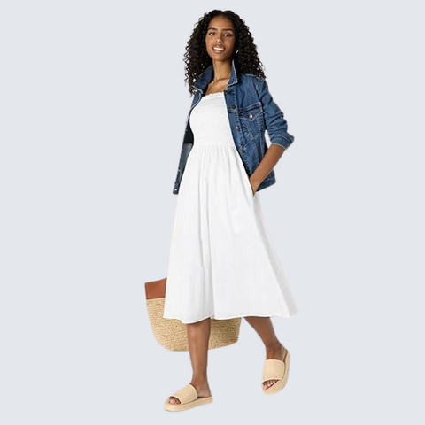 Womens Cotton Smocked Bodice Midi Dress