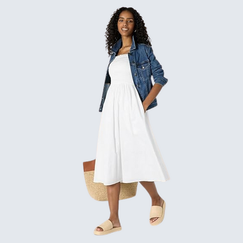 Womens Cotton Smocked Bodice Midi Dress