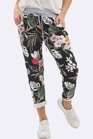Women Cotton Tropical Print Drawstring Trouser
