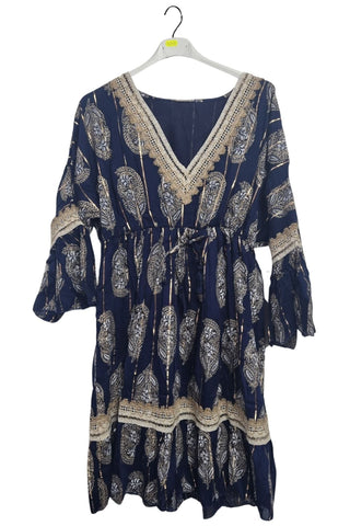 Paisley-Inspired Print Metallic Threadwork Vintage Bohemian Dress
