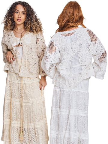 Crochet Knit Front Pockets Cotton Cardigan