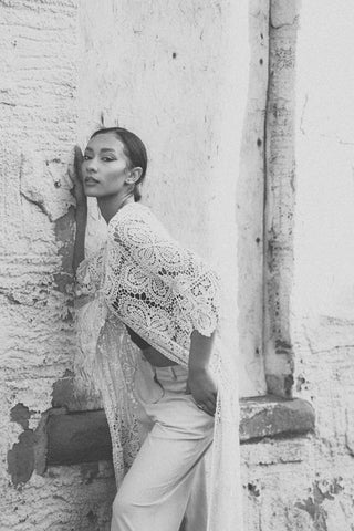 Floral Crochet Pattern Drawstring Fastening Cotton Long Cardigan