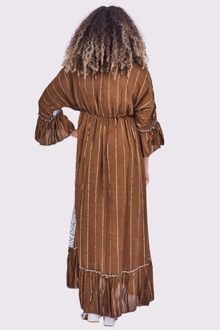 Gold Stripe Cut Out Patch Pattern Maxi Long Sleeve Boho Style Dress
