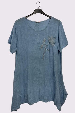 Embroidered Flower Side Slits Oversized Cotton Top
