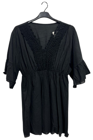 Plain V-Neckline With Lace Trim Detailing Tunic Cotton Dress