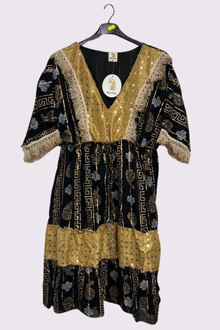 Foil Greek Key Paisley Print Lace Patch Work Dress