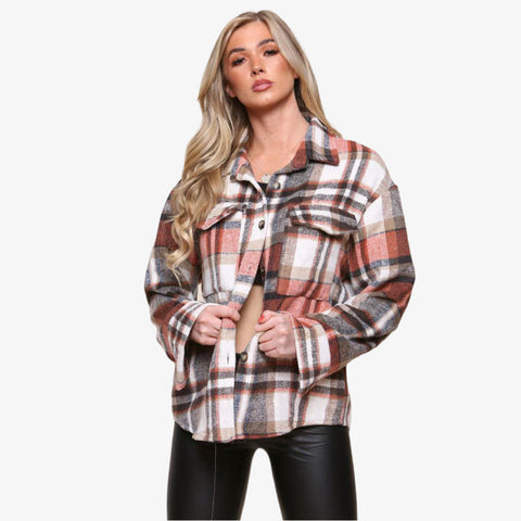 Women's Oversized Check Fleece Shacket - Winter Jacket