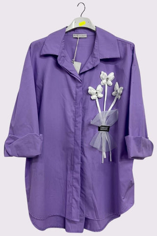 Flower Applique Pattern High Low Hem Shirt