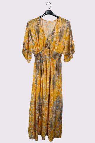 Leaves Print Gathered Waist Dress