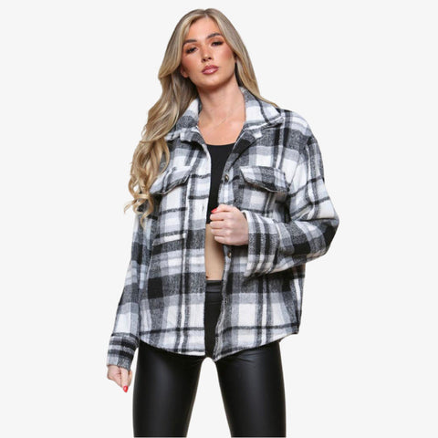 Women's Oversized Check Fleece Shacket - Winter Jacket