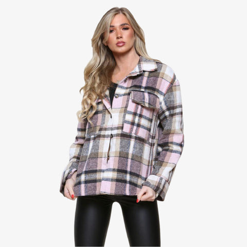 Women's Oversized Check Fleece Shacket - Winter Jacket