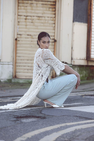 Floral Crochet Pattern Drawstring Fastening Cotton Long Cardigan