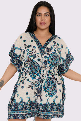 Peacock Feather Print Drawstring Waist Kaftan