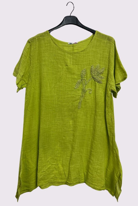 Embroidered Flower Side Slits Oversized Cotton Top