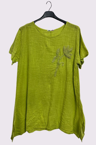 Embroidered Flower Side Slits Oversized Cotton Top