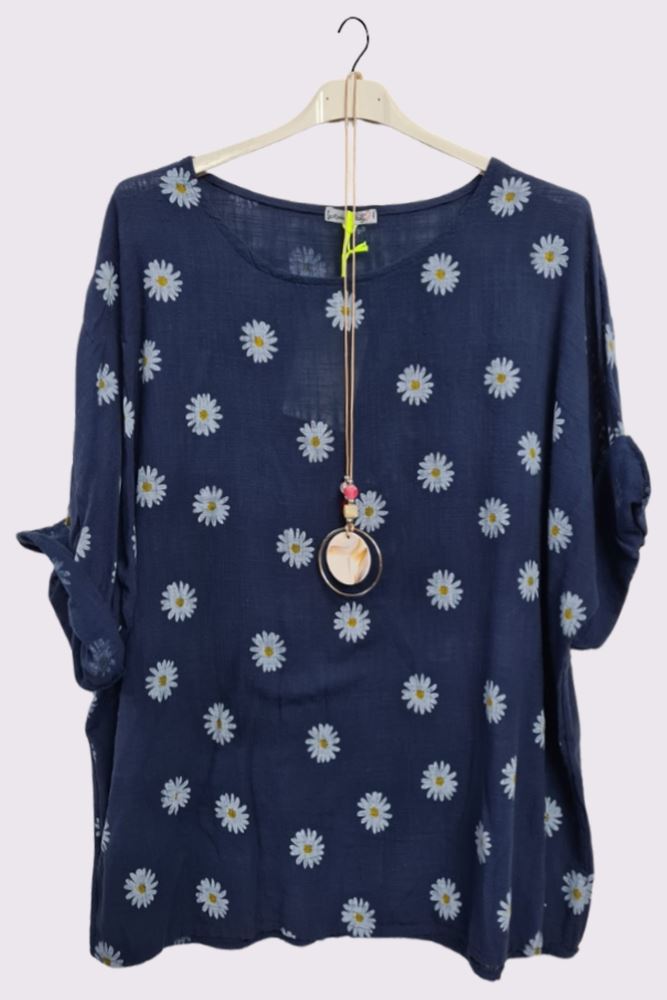 Daisy Flower Print Necklace Cotton Top
