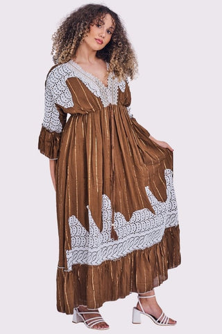 Gold Stripe Cut Out Patch Pattern Maxi Long Sleeve Boho Style Dress