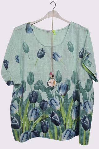 Tulip Flower Print Oversized Cotton Top
