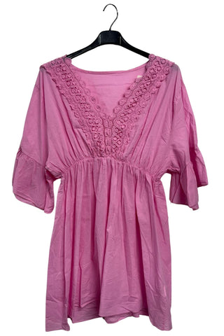 Plain V-Neckline With Lace Trim Detailing Tunic Cotton Dress