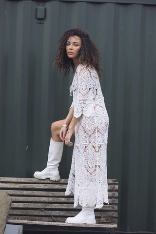 Floral Crochet Pattern Drawstring Fastening Cotton Long Cardigan