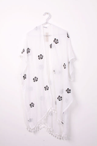 Midi Length Flower Embroidered Tassel Kimono Jacket Cover Up