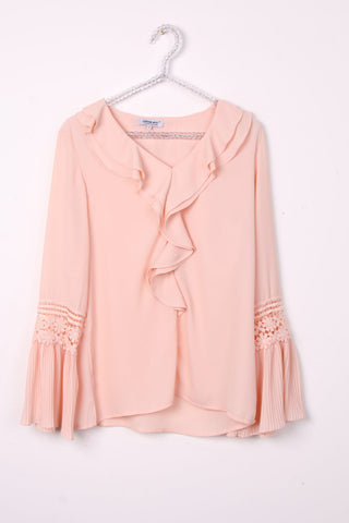 Blouson Ruffle Lace Applique Sleeve Blouse Top