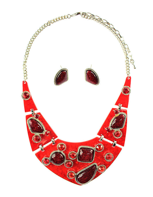 Stones Collar Necklace Set - Red