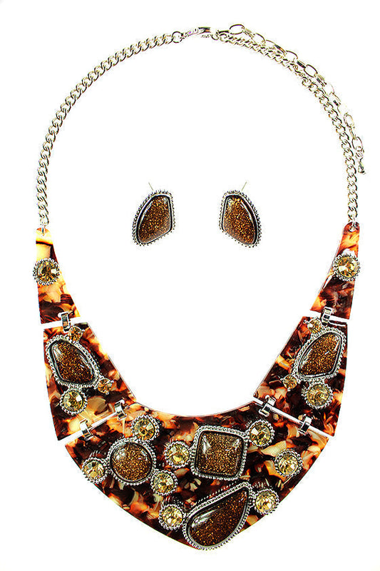 Stones Collar Necklace Set - Brown