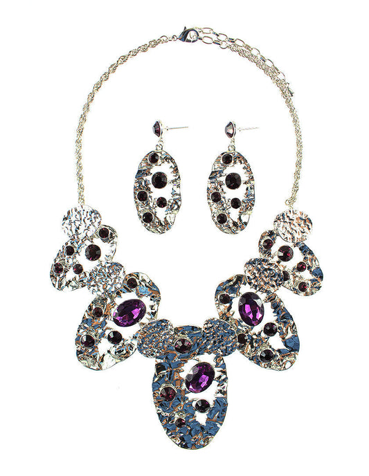Crinkle Plate and Stone Necklace Set - Purple