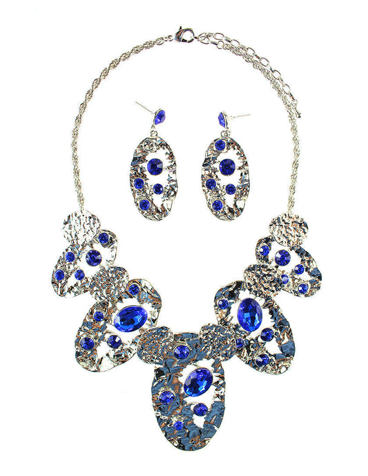 Crinkle Plate and Stone Necklace Set - Blue