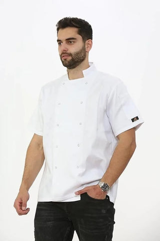 Men’s & Women’s Chef Apron Jacket – Short Sleeve, Pin-Pocketed, Buttoned Top for Kitchen Use