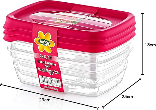 3-Pack Rectangular Food Storage Containers – 0.3 Liter Plastic Food Storage