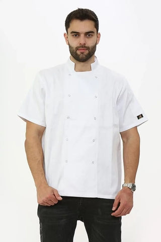 Men’s & Women’s Chef Apron Jacket – Short Sleeve, Pin-Pocketed, Buttoned Top for Kitchen Use