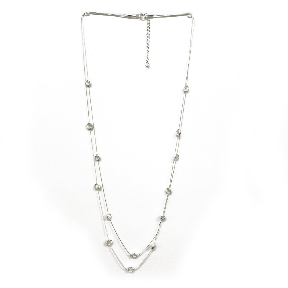 Double Strand Necklace with Round Gemstones - Silver-White
