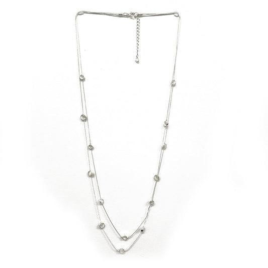 Double Strand Necklace with Round Gemstones - Silver-White